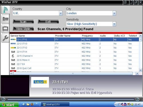 Screenshot of Leadtek WinFast DTV1000 T Digital TV Tuner software interface on a computer screen, displaying the channel scanning results for London with various ITV channels found, showing frequency, audio, Dolby AC3, and Teletext availability.