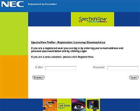 Screenshot of the NEC SpectraView Profiler registration, licensing, and download webpage with fields for email and password and login/register buttons, featuring the NEC logo and SpectraView branding.