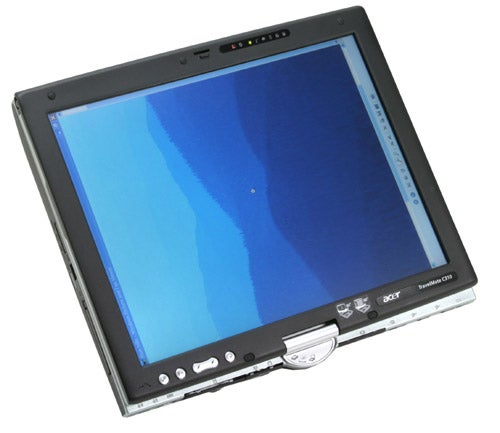 Acer TravelMate C312XMi tablet PC with swivel screen, stylus holder, and extended battery displayed on a plain background.
