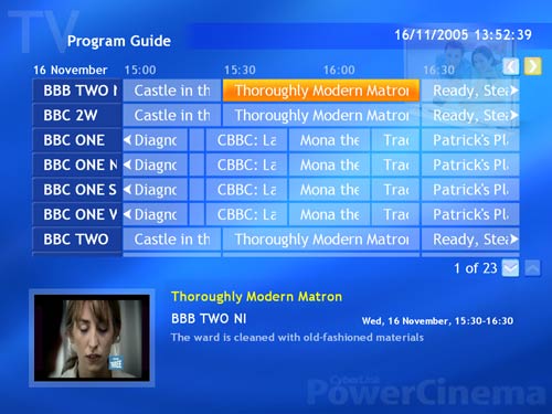 User interface of a TV program guide displaying various channels and show listings, with a highlight on the show 'Thoroughly Modern Matron' and a preview window showing a scene from the program.