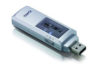 ZyXEL ZyAIR AG-225H WiFi Finder and USB Adapter on a reflective surface with a visible LCD screen displaying network information.
