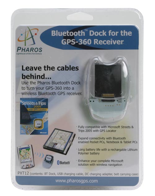 Pharos Bluetooth Dock packaging for the GPS-360 Receiver with product features and compatibility with Microsoft Streets & Trips 2005 highlighted on the cover.