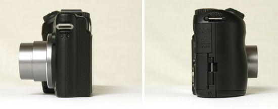 Side views of the Olympus SP-350 digital camera displaying its lens and external controls.