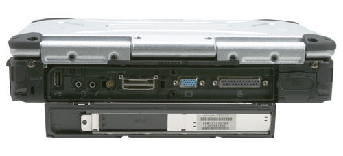 Rear view of a Panasonic ToughBook CF-29 rugged notebook displaying ports and battery slot.