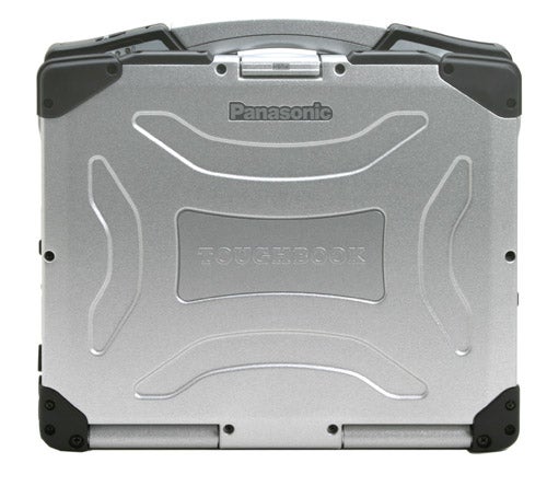 Silver Panasonic ToughBook CF-29 rugged laptop with closed lid, showcasing its durability-focused design, embossed with the ToughBook logo.