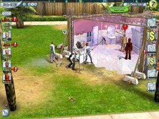 Screenshot of The Movies simulation game showing a film set with characters and equipment within an outdoor studio lot, game interface visible with date set in February 1957, and in-game currency displayed.