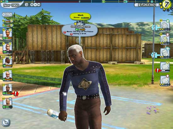 Screenshot from the simulation game The Movies showing an in-game actor on set wearing a science fiction costume with a star emblem, appearing tired while holding a script, with game interface elements visible, including financial data, time control, and character status.