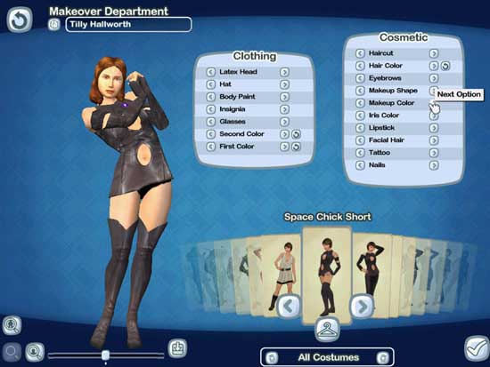 Screenshot from a character customization menu in 'The Movies' game showing the makeover department interface with options for clothing and cosmetic changes on a female character dressed in a 'Space Chick Short' costume.