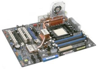 Asus A8N32-SLI Deluxe motherboard with dual x16 SLI support, heat pipe cooling system, and multiple expansion slots.