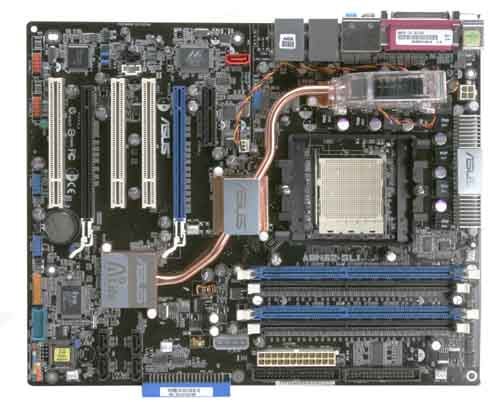Asus A8N32-SLI Deluxe motherboard with x16 SLI capability, heat pipe cooling, multiple PCI slots, and dual-channel RAM slots.