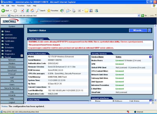 Screenshot of SonicWall TZ 170 SP Wireless administration interface in Microsoft Internet Explorer showing System Status with system messages, information, and security services status.