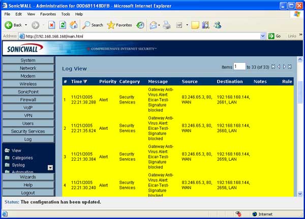 Screenshot of SonicWALL administration interface in Internet Explorer showing the Log View with a list of security alerts and events.