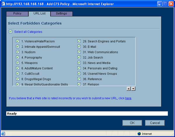 Screenshot of SonicWALL content filtering service interface on Microsoft Internet Explorer showing a list of selectable forbidden categories including violence, pornography, and various others for internet security management.