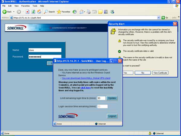 Screenshot of an Internet Explorer browser window displaying the SonicWALL - Authentication page, with fields for username and password filled in. A 'Security Alert' pop-up window is also visible, indicating a problem with the website's security certificate.