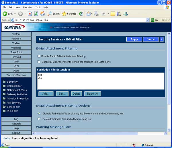 Screenshot of SonicWALL administration interface displayed in Internet Explorer, showing the Security Services E-Mail Filter settings for email attachment filtering, with options to enable filtering and specify forbidden file extensions like .exe and .vbs.