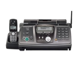 Panasonic KX-FC235E fax answerphone with a cordless handset, displaying the device's control panel and LCD screen on a white background.