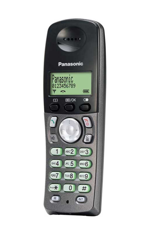 Panasonic KX-FC235E cordless phone with fax function, displaying a clear LCD screen with a number dialed, buttons for navigation and dialing clearly visible.