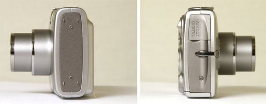 Side views of Canon Digital IXUS 750 camera showcasing lens extended and retracted.