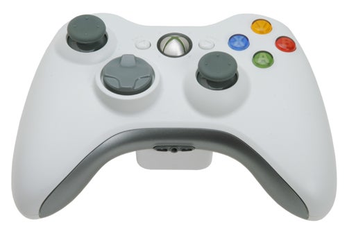 White Microsoft Xbox 360 wireless controller with dual thumbsticks, directional pad, and face buttons on a white background.