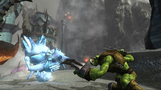 Screenshot from the video game Kameo: Elements of Power showing a character in green armor wielding a spiked club facing a blue, ice-elemental creature in a gothic, misty landscape with a castle in the background.
