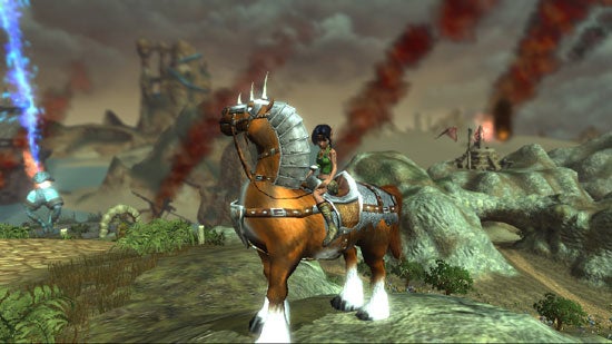Screenshot from the video game Kameo: Elements of Power showing the main character riding a horse through a fantastical landscape with ominous red smoke in the background and mystical structures in the distance.