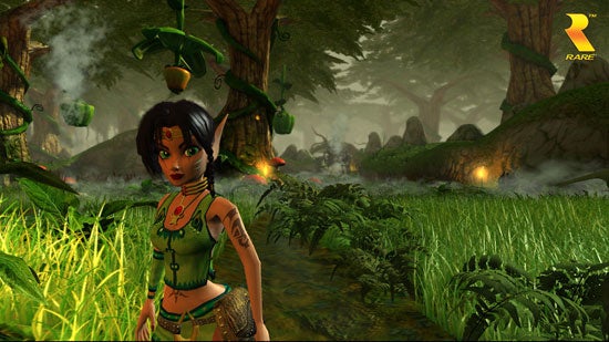 A screenshot from the video game Kameo: Elements of Power, showing the main character standing in a lush green forest environment with twisted trees and mysterious fog in the background.