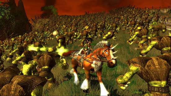 Screenshot from the video game Kameo: Elements of Power showing the main character riding a horse through a battlefield with numerous troll-like creatures around.