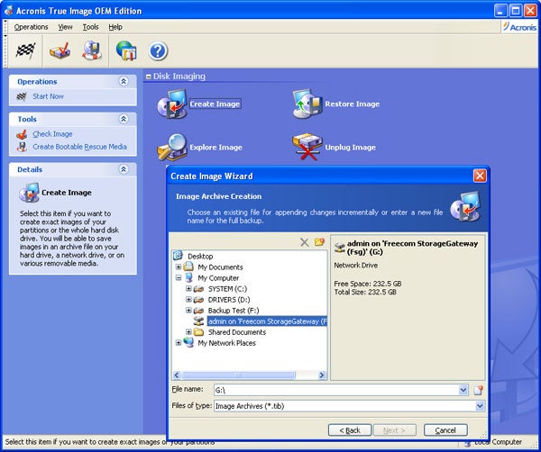 Screenshot of Acronis True Image software with Create Image Wizard open, showing the Freecom FSG-3 Storage Gateway listed as a network drive with available free space data.