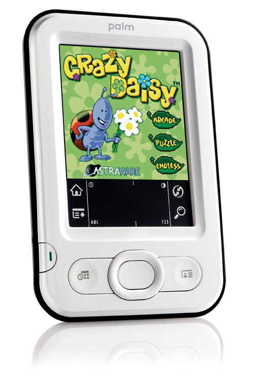 Palm Z22 handheld device displaying the game 'Crazy Daisy' on its color screen with the Palm logo visible at the bottom.