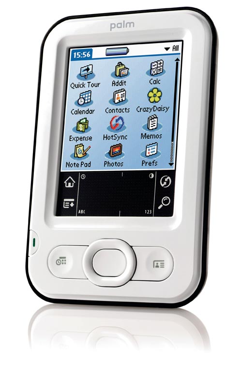 Palm Z22 handheld PDA with a color screen displaying icons for various applications such as calendar, contacts, and notes on a white background.