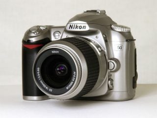 Nikon D50 digital SLR camera with an 18-55mm lens displayed against a white background.
