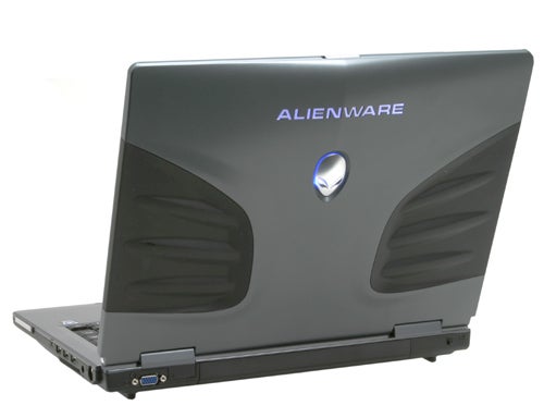 Rear view of an Alienware Area-51 m5500 laptop with the lid open displaying the logo on the back cover.