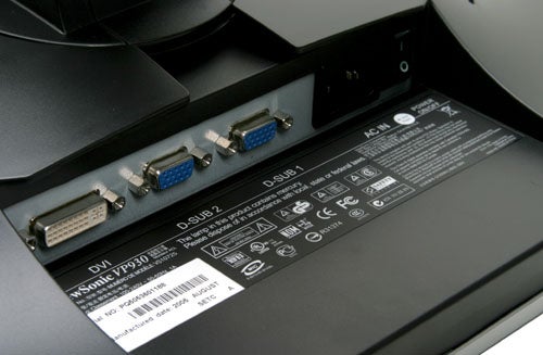 Close-up of the back panel of a ViewSonic VP930 monitor showing connectivity ports including DVI and VGA, along with product information label.