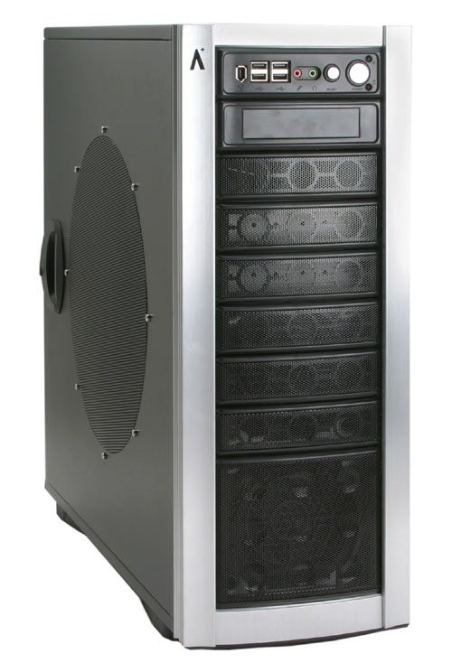 Frontal view of an A+ XBlade Full Tower Case showing multiple external drive bays, front I/O ports, and a distinctive side panel design.