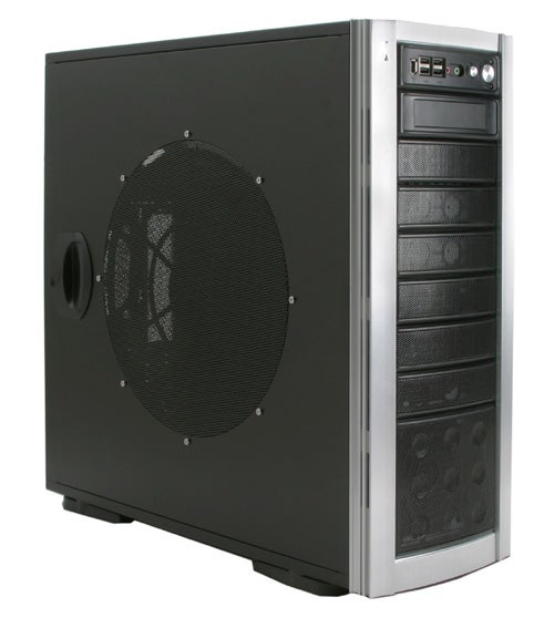 A full tower A+ XBlade case with a large side-panel fan, multiple front bay drives, and top front panel with USB and audio ports.