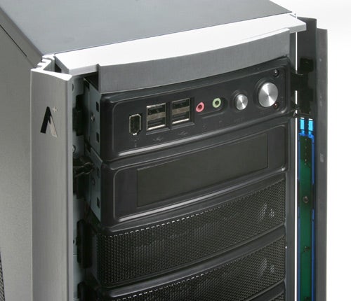 Close-up view of the A+ XBlade Full Tower Case front panel with USB ports, audio jacks, and drive bays.