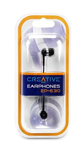 Creative EP-630 in-ear headphones packaged in a clear plastic case with orange and white accents displaying the product name.