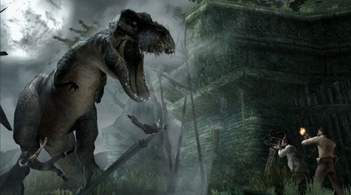 Screenshot from a King Kong-themed video game showing two characters confronting a T-Rex in a jungle environment.