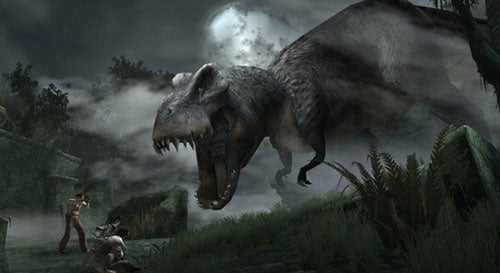 A scene from a King Kong-themed video game showing two characters in a jungle environment confronting a large, menacing dinosaur.