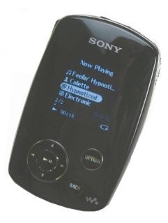 Sony Walkman NW-A1000 portable music player with a display showing the 'Now Playing' screen with the title 