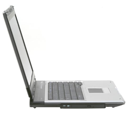 Side view of an open Asus A6Km-Q002H laptop displaying its keyboard, touchpad, and screen.
