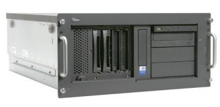 Fujitsu Siemens PRIMERGY TX150 S4 server in a horizontal rack-mount chassis with open front panel revealing storage bays and floppy disk drive, featuring Intel Inside sticker on the right.