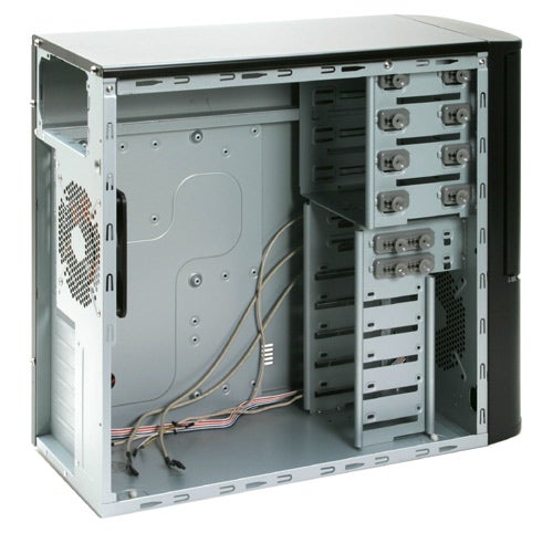 Thermaltake Mambo VC2000 mid-tower computer case with side panel removed, showing empty drive bays and pre-routed cables.