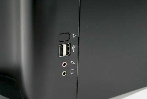 Close-up of the front panel of the Thermaltake Mambo VC2000 computer case showing USB ports, audio jacks, and power and reset buttons.