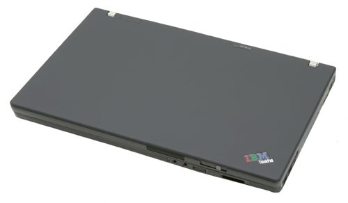 Lenovo ThinkPad Z60t 2513 laptop closed, showing the top view with the IBM ThinkPad logo and several ports on the left side.