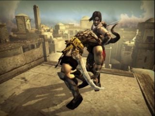 Screenshot from the video game Prince of Persia: The Two Thrones showing the main character engaging in combat on a rooftop with an ancient cityscape in the background.