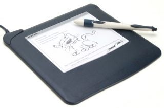 Acecad Acecat Flair graphics tablet with stylus pen and a sketched illustration of a cat on the drawing surface.