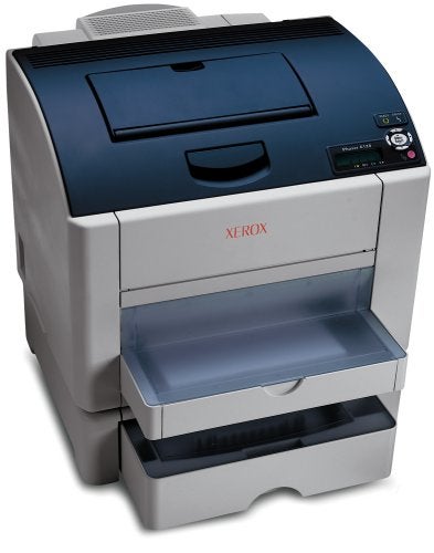 Xerox Phaser 6120 Colour Laser printer with paper tray extended, showing control panel and company logo.
