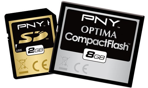 PNY SD and CompactFlash memory cards with 2GB and 8GB storage capacity respectively.