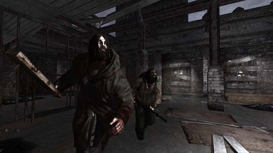 Screenshot from the video game Condemned: Criminal Origins showing two menacing characters, one wielding a plank, in a dilapidated building setting.